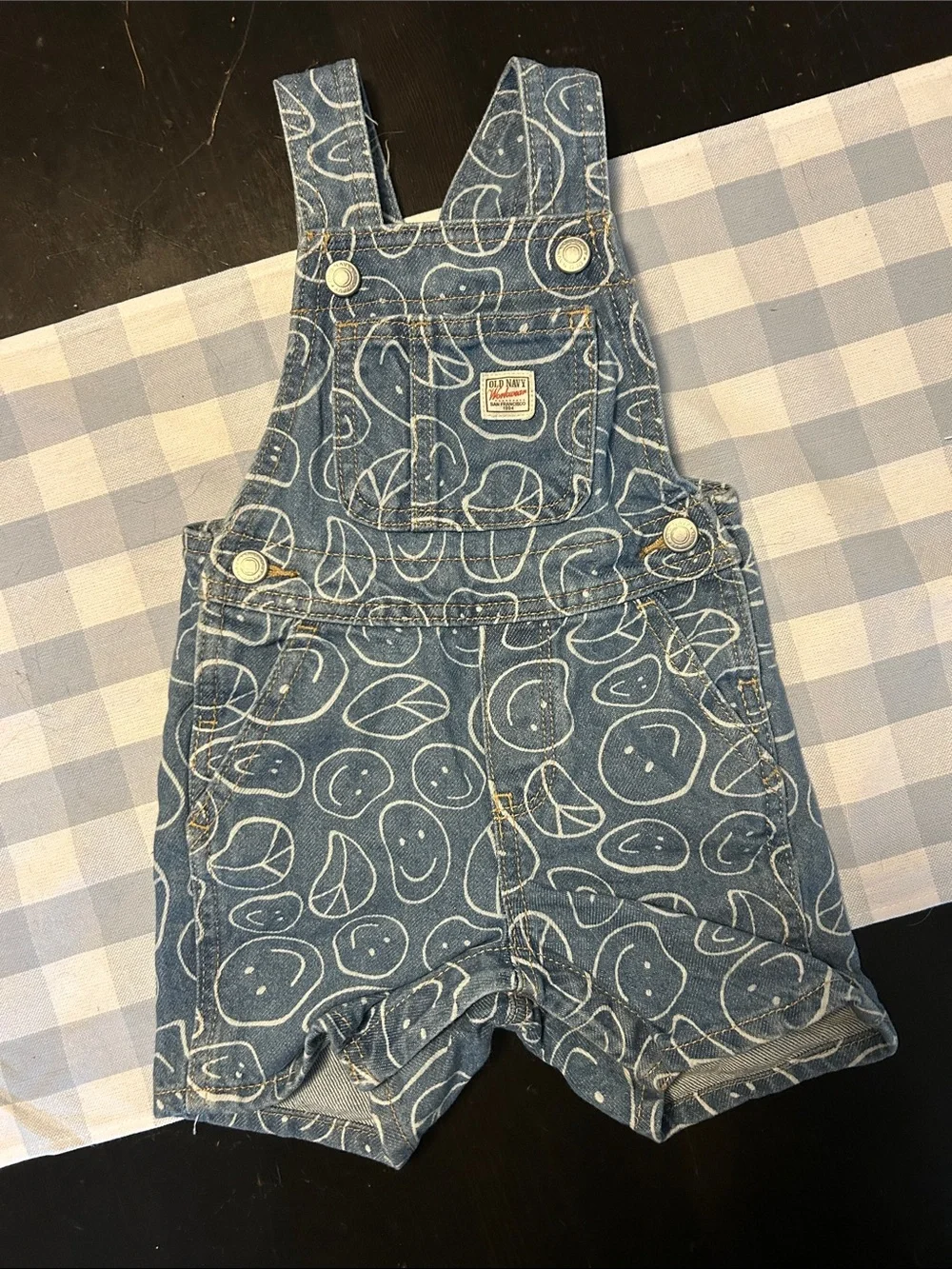 Old Navy Smiley Face & Peace Signs Jean Overalls Size 12-18M